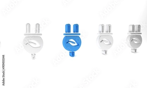 Fototapeta Blue Electric saving plug in leaf icon isolated on white background. Save energy electricity. Environmental protection. Bio energy. Minimalism concept. 3D render illustration
