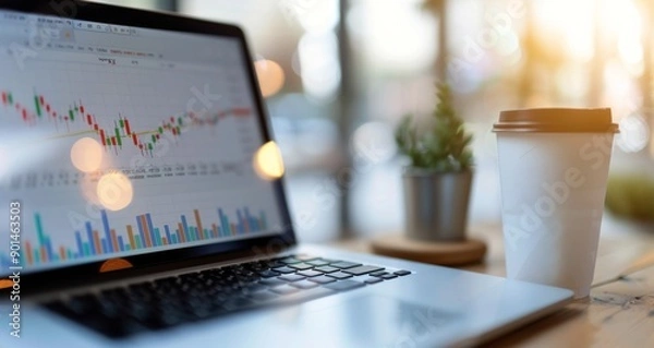 Fototapeta Laptop Showing Stock Market Data in Cafe