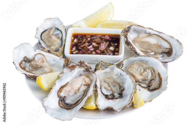 Fototapeta Open oysters on ice with lemon wedges and sauce