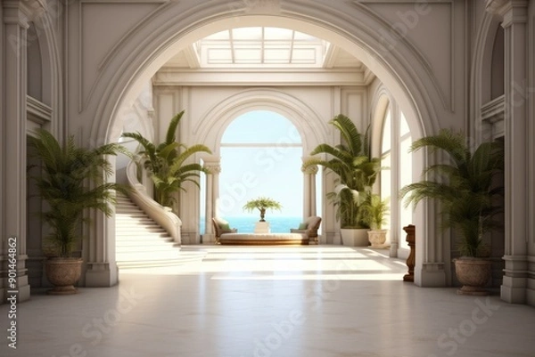 Fototapeta Spectacular Interior Design of a Luxurious Mansion Overlooking the Ocean at Golden Hour