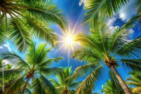 Fototapeta Soft focus captures warm sunbeams dancing through swaying palm fronds against a brilliant blue sky, evoking a serene and idyllic tropical summer paradise atmosphere.
