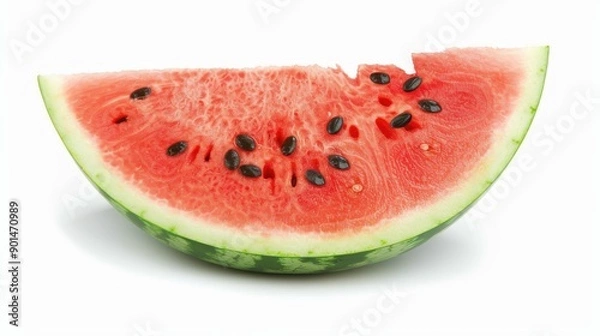 Fototapeta A juicy slice of watermelon, bright red with black seeds, beautifully contrasted on a white backdrop. 