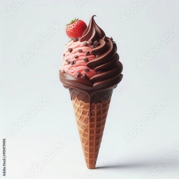 Fototapeta Indulge in a Delicious Strawberry Chocolate Ice Cream Cone with Whipped Cream and Waffle Cone