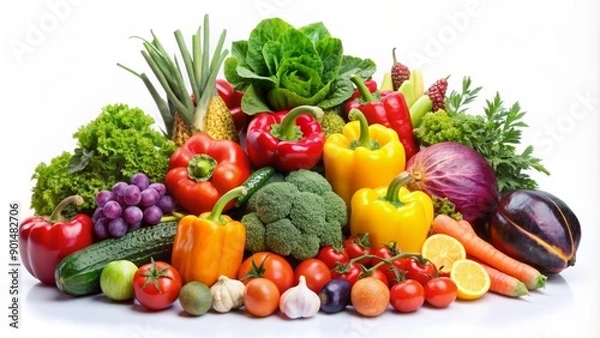 Obraz Fresh assorted fruits and vegetables arranged artisticly on a white board with ample copy space around, perfect for healthy eating or grocery advertising concepts.