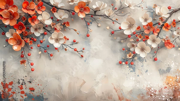 Obraz Elegant colorful with vibrant flower hanging branches illustration background. Bright color 3d abstraction wallpaper for interior mural, Generated by AI	