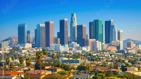 Fototapeta Showcase the Los Angeles skyline at dusk, with the city transitioning from day to night