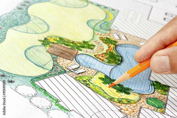 Obraz Architekt krajobrazu projekt planu podwórka dla willi