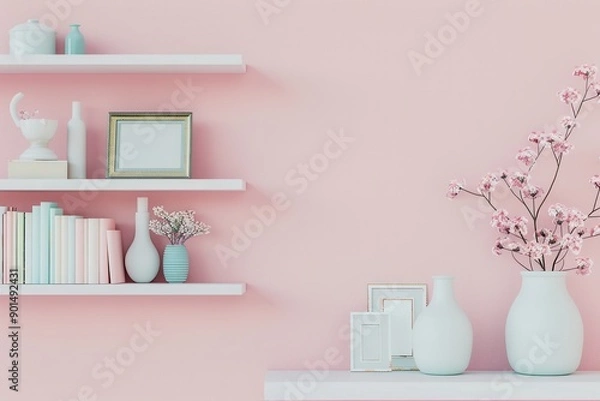 Fototapeta A carefully organized shelf displays decorative books, vases, and photo frames on a calming pastel background, creating an inviting atmosphere. Generative AI
