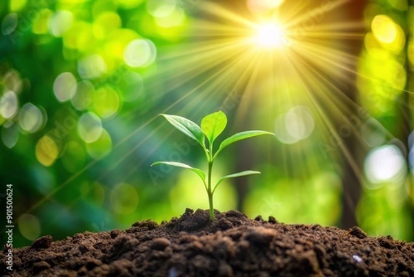 Fototapeta Vibrant green plant sprouts flourish in warm sunshine, surrounded by blurred natural tree bokeh, symbolizing ecological growth, financial progress, and environmental harmony on Earth Day.
