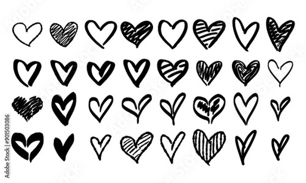 Fototapeta Thirty-two handwritten hearts of different shapes and contents. Doodles and squiggles. Vector set