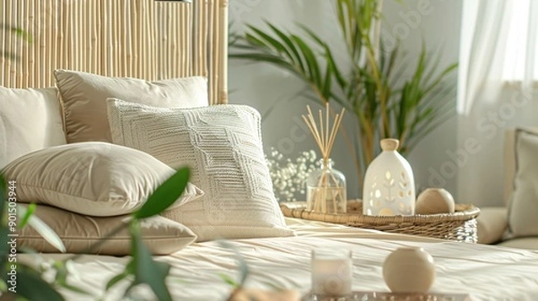 Fototapeta A relaxing nap space with a bamboo pillow on a soft mattress, surrounded by calming elements like a bamboo water fountain, essential oil diffuser, and a soothing color palette