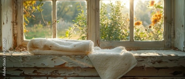 Fototapeta A towel on a windowsill catching the sunlight. 