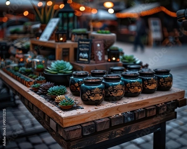 Fototapeta Handmade crafts displayed at an artisan market, showcasing creativity, Realism, Soft hues, Photography