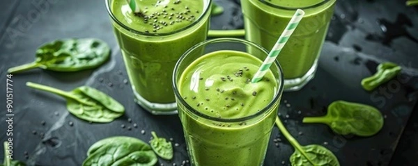 Fototapeta Three glasses of fresh green smoothies made with spinach and other healthy ingredients, showcasing a healthy and vibrant lifestyle.