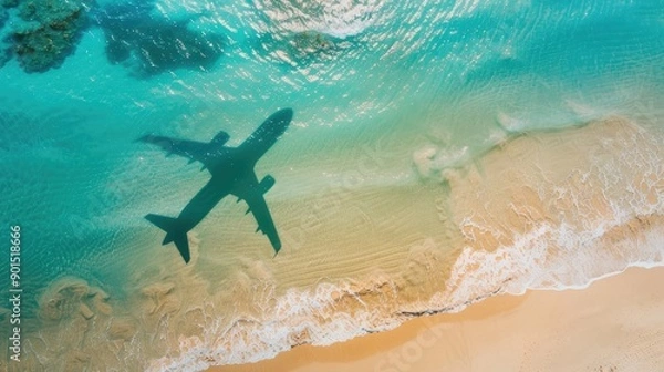 Fototapeta A travel-themed image showing the shadow of an airplane cast over a serene beach, with turquoise waters and soft sand, evoking a sense of adventure and wanderlust.