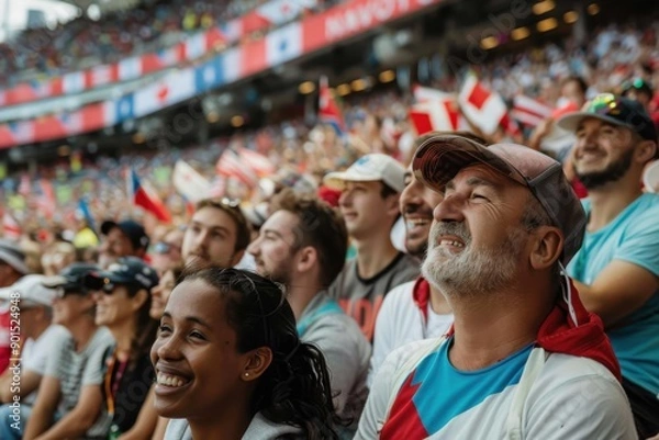 Obraz A lively crowd of diverse individuals cheering in a packed stadium, capturing the excitement and unity of sports fans at a large public event.