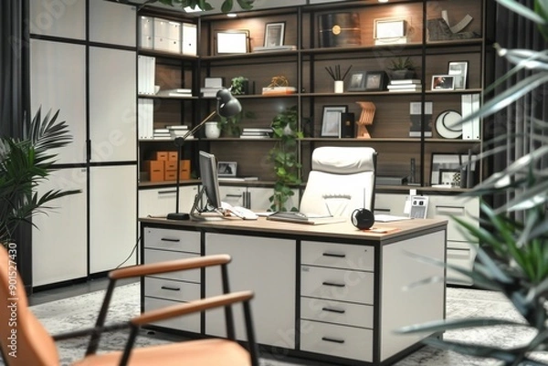 Fototapeta Creative home office with eclectic decor and a view of the city highlighting a dynamic and inspiring workspace.