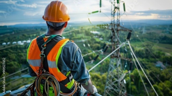 Fototapeta A man in a safety vest is sitting on a power line
