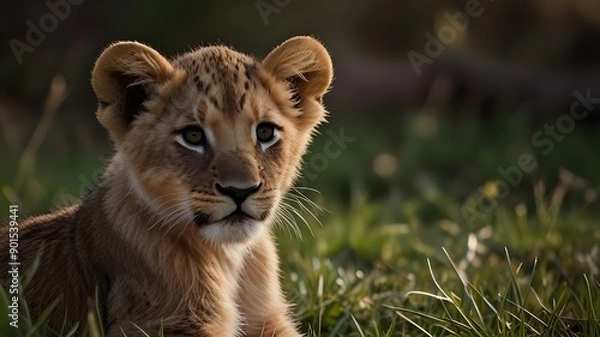 Fototapeta lion cub in the grass Generative Ai