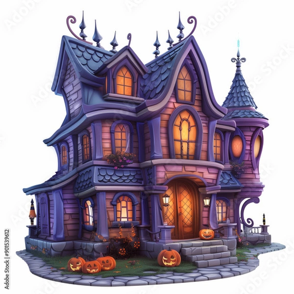 Fototapeta 3d illustration vector clipart of a haunted Halloween scary horror house with glowing lights in a windows  and pumpkins lights on white background isolated