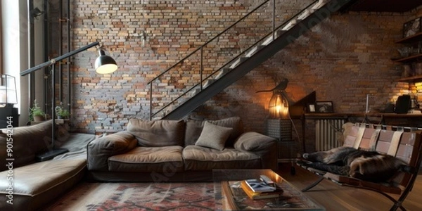 Fototapeta Loft Living: Modern Interior Design with Brick Wall, Staircase, and Stylish Sofa