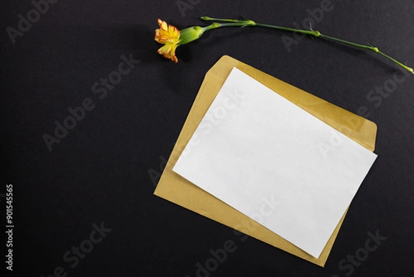 Fototapeta Top view of a kraft paper envelope, overflowing with bright yellow carnation flowers on a black background.