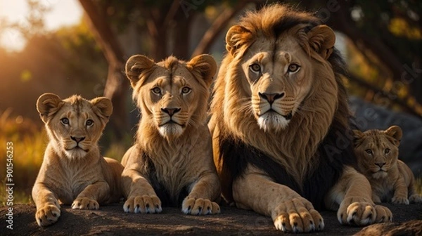 Fototapeta A majestic lion family resting together in the wild, showcasing the bond and strength of these magnificent creatures at sunset.
