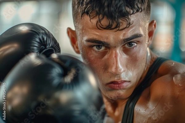 Fototapeta Health, boxing, and athlete practicing for a punching bag and glove bout at a gym. Motivation, martial arts, and MMA fighter practicing at a sports center.