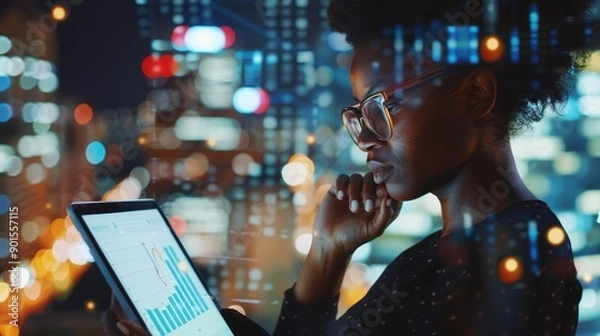 Fototapeta Tablet, black woman, stock market trading, holographic or city overlay on global forex data. Thinking, female trader, and fintech graphs on digital technology, erp investing, Future Finance Economy