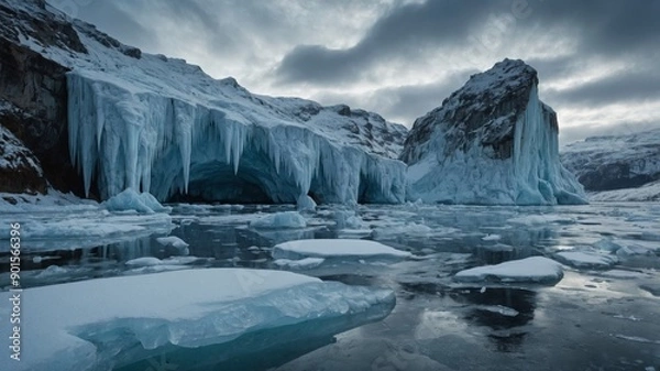Fototapeta Stunning winter landscape with massive ice formations and frozen cliffs under a cloudy sky, showcasing the beauty of icy wilderness.