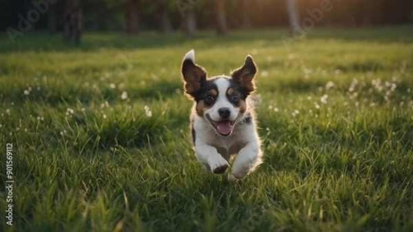 Fototapeta Spring, summer concept, playful happy pet dog puppy running in the grass and listening with funny ears.