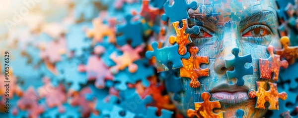 Fototapeta Puzzle pieces forming a human face, meaning of life, self-discovery and identity