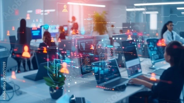 Fototapeta Future of Collaboration: AI and People in Dynamic Robotic Centre Workspace