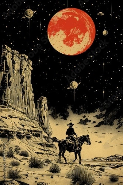 Fototapeta Embark on a surreal cosmic cowboy journey through the desolate wild west of an otherworldly universe under the red moon and starry night sky
