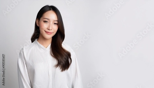 Fototapeta 白いシャツを着た笑顔のアジア人女性
