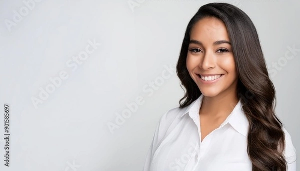 Obraz 長い黒髪で白いシャツを着た笑顔の外国人女性