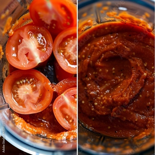 Fototapeta tomatoes in blender before and after blending