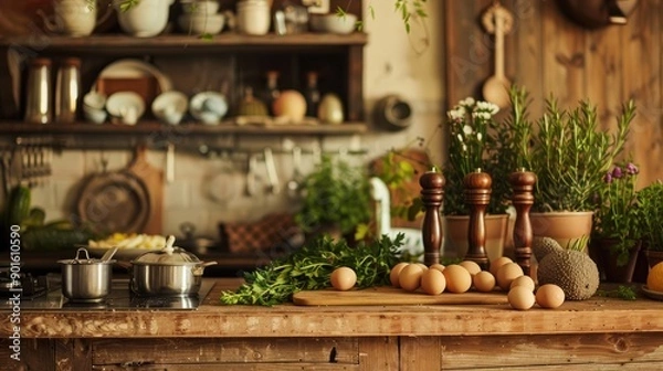 Fototapeta Rustic and sustainable Easter kitchen with natural colors and greenery