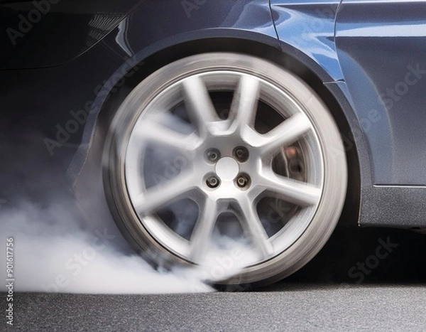 Fototapeta Rear Tires Spinning Fast Producing White Smoke – High-Speed Car Action