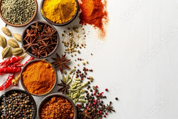 Obraz A set of spice sets from all over the world on white background. Concept for advertising shops, restaurants and travel. Dry ingredients for cooking. Template with place for text, copy space