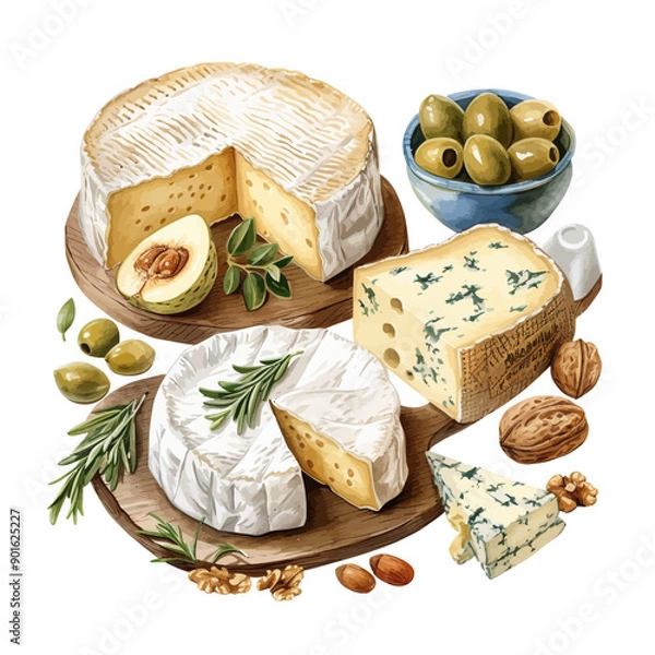 Fototapeta Hand drawn cheese set with addings. Vegetarian healthy food. Watercolor illustration. Template for card, menu