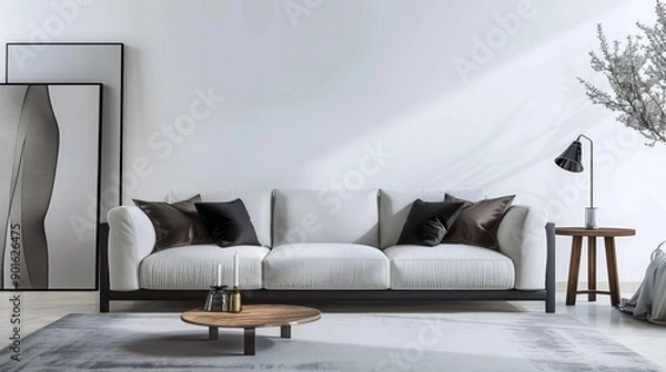 Fototapeta Modern white living room interior with gray and black sofa, wooden table, lamp, and carpet, clean wall background for copy space