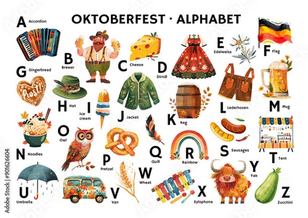 Fototapeta A poster for a restaurant, cafe, snack bar, menu featuring the alphabet and illustrations of Oktoberfest, designed to teach little ones the alphabet. Watercolor illustration in pastel colors.