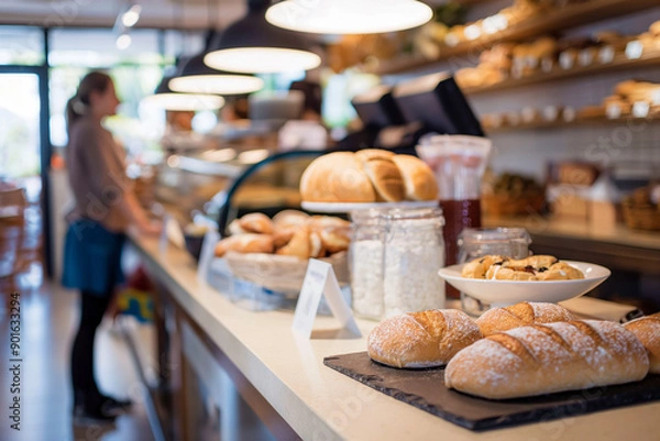 Fototapeta Modern Bakery Interior with Fresh Bread Displayed on Counter and Shelves, Customer in Background