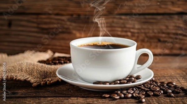 Fototapeta A white cup of coffee with steam rising, placed on a rustic wooden background with beans.
