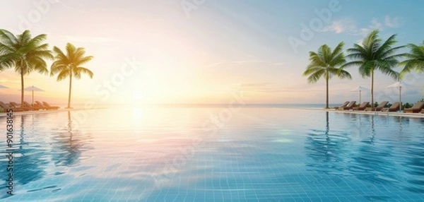 Fototapeta Stunning tropical pool scene at sunset with palm trees and tranquil water reflecting the vibrant sky. Perfect for vacation imagery.