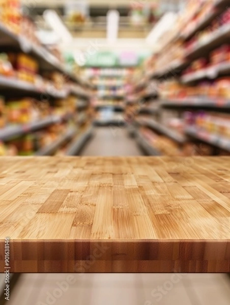 Fototapeta A wooden table with a blurry background of a grocery store