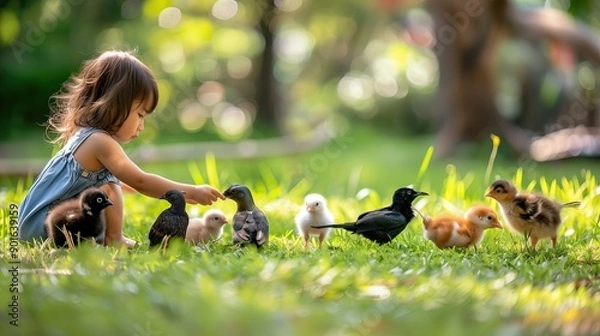Obraz Asian girl feeding little birds. The child sits on the grass in a clearing surrounded by chicks.