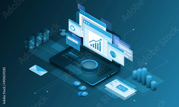 Obraz Laptop technology background image, graph concept, business analysis, stock market