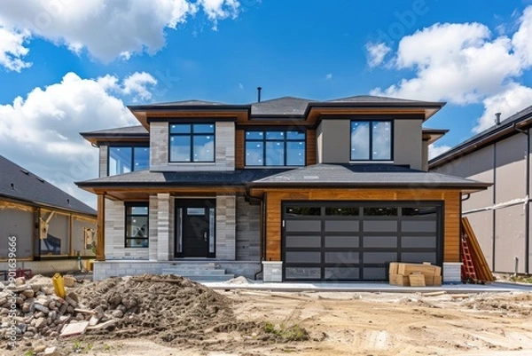Fototapeta modern two-story American house with garage under construction